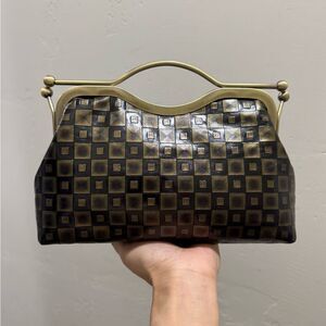 Vintage Pattern Genuine Calfskin Handmade Double Kisslock Purse/Multi Use Style